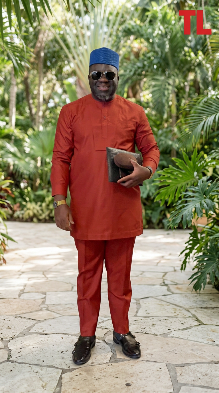 TL-branded retouched portrait of a man wearing a red tunic and trousers, blue cap and black shoes on a garden terrace