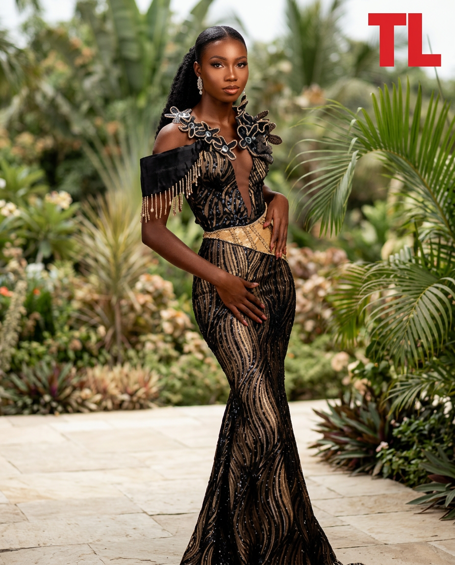 TL-branded retouched portrait of a woman wearing a black and gold patterned gown with fringed shoulders on a garden terrace