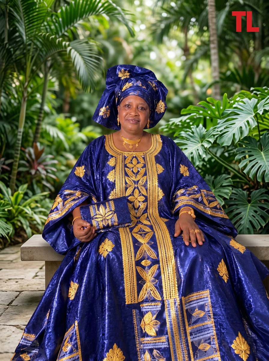 TL-branded retouched portrait of a seated woman wearing a blue gown with gold embroidery and a matching headwrap in a garden