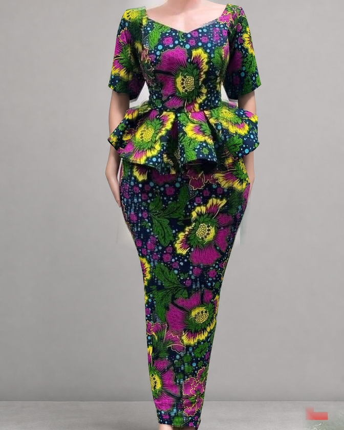 TL-branded background-edited photograph against a neutral grey studio background: a mannequin displaying a purple, green and yellow floral-print peplum top and long matching skirt