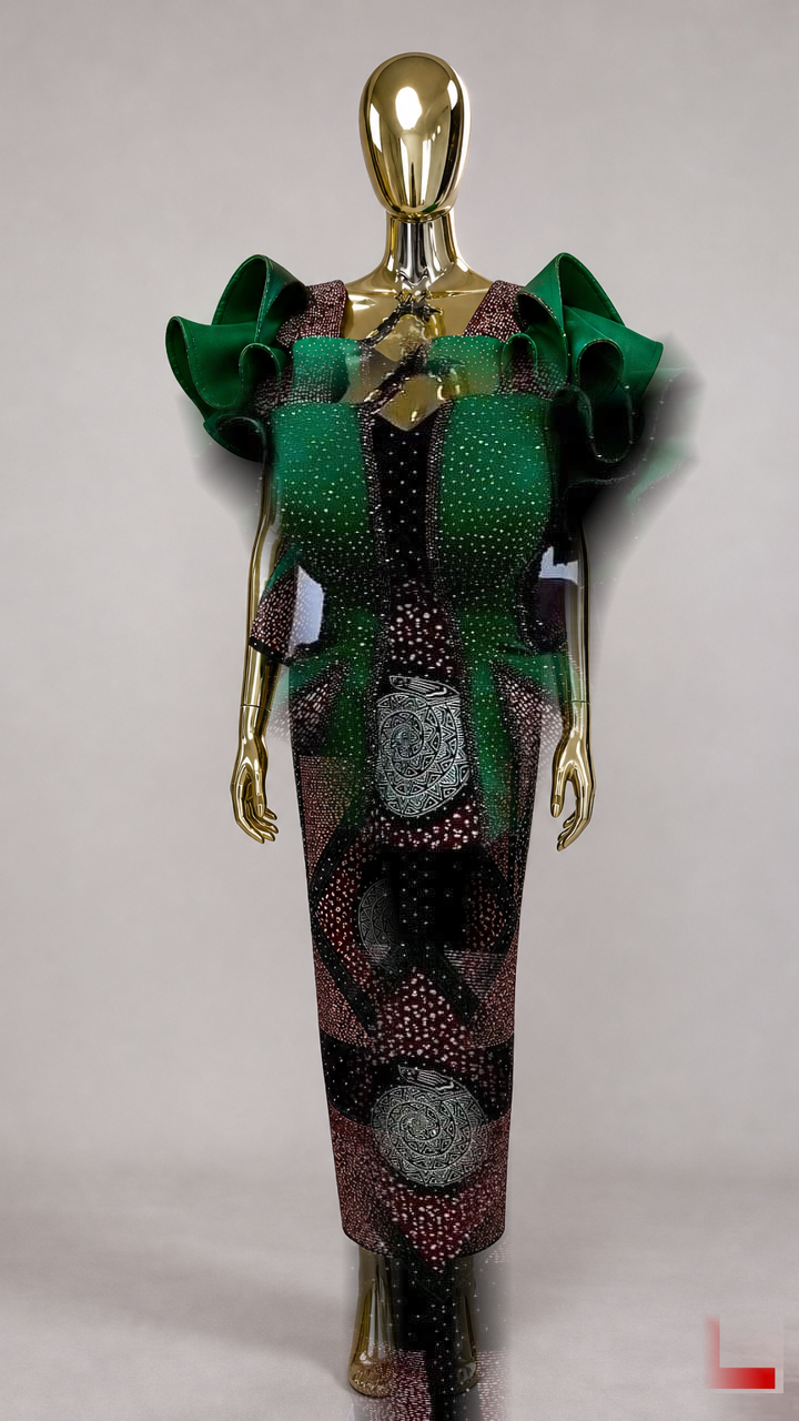 TL-branded background-edited photograph against a neutral grey studio background: a gold mannequin displaying a green and dark patterned fashion design with sculptural sleeves