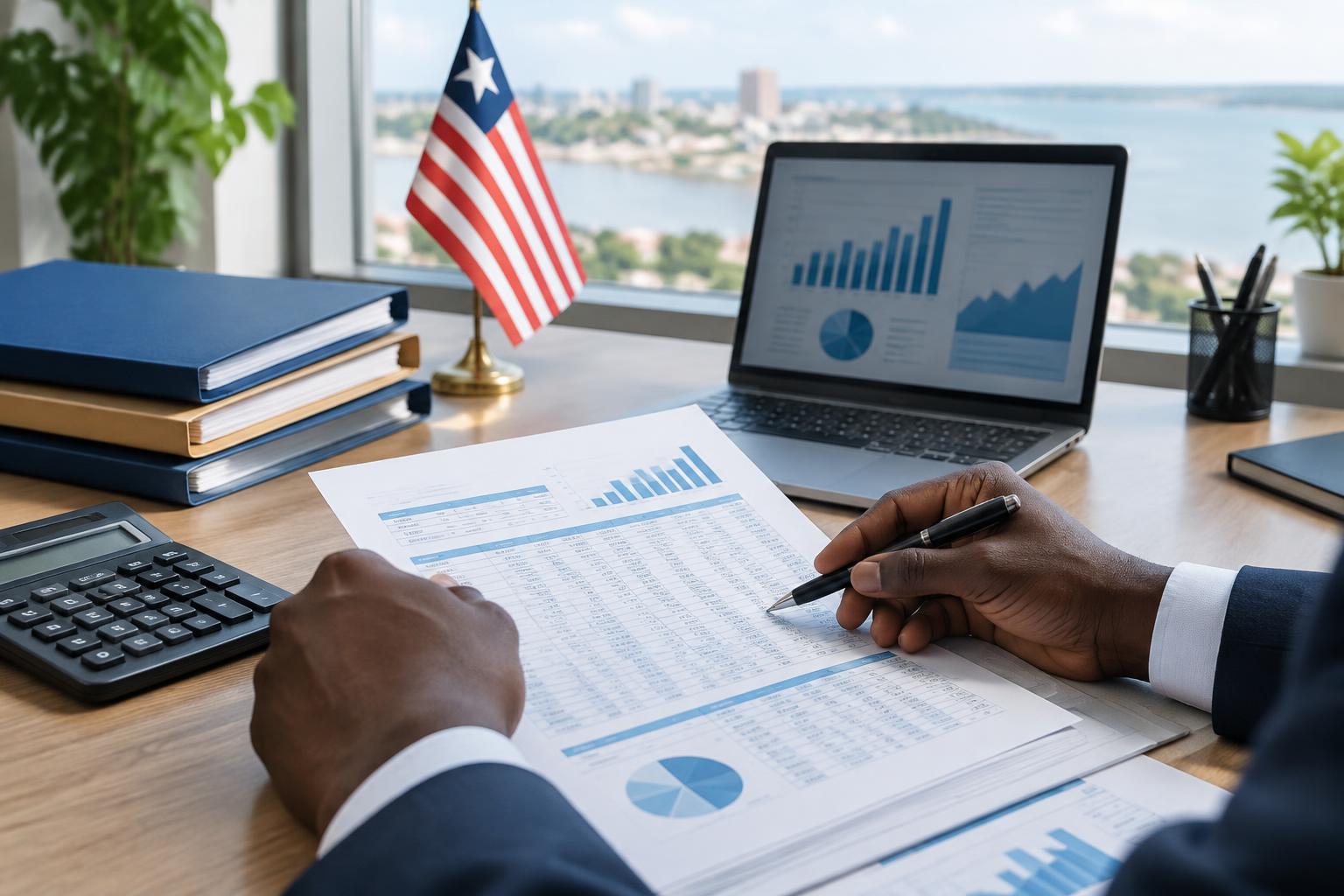 Illustrative scene of a finance professional reviewing financial tables beside a calculator, laptop charts and Liberian flag; not the minister or reported investment event
