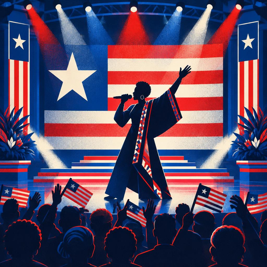 Illustrative scene: an illustration of a performer on stage in national colours; not a photograph of the people or event reported