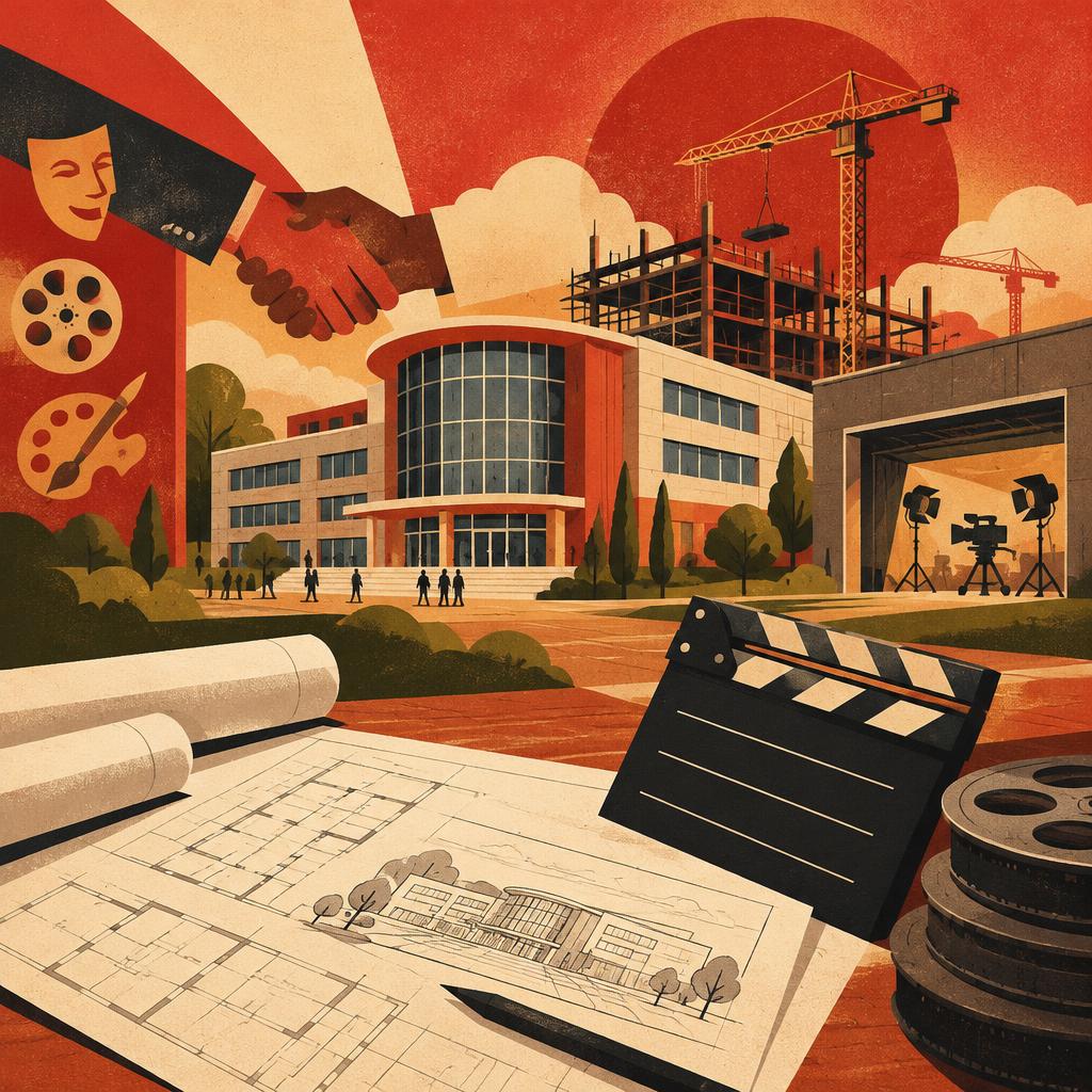 Illustrative scene: an illustration of an arts academy building with film studios; not a photograph of the people or event reported