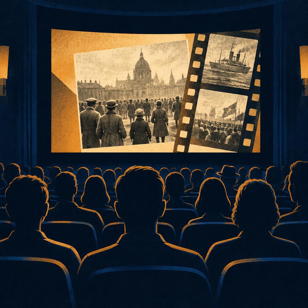 Illustrative scene: an illustration of a cinema audience at a documentary premiere; not a photograph of the people or event reported
