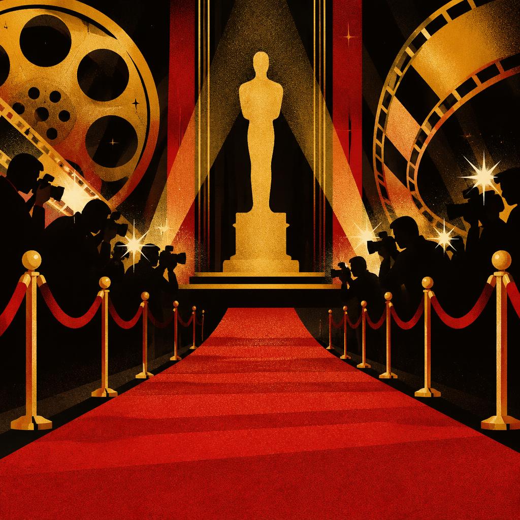 Illustrative scene: an illustration of a film awards red carpet and trophy; not a photograph of the people or event reported