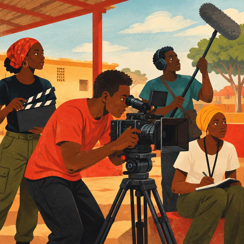Illustrative scene: an illustration of young filmmakers training with a camera crew; not a photograph of the people or event reported