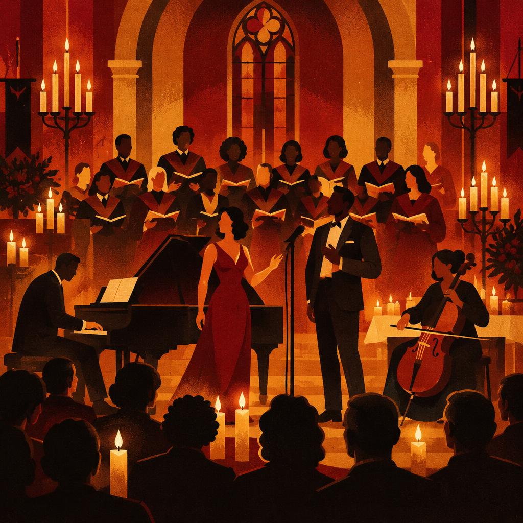 Illustrative scene: an illustration of a choir and musicians at a candlelit concert; not a photograph of the people or event reported