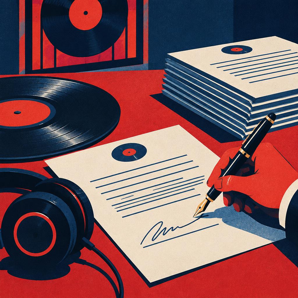 Illustrative scene: an illustration of a record contract being signed beside vinyl and headphones; not a photograph of the people or event reported