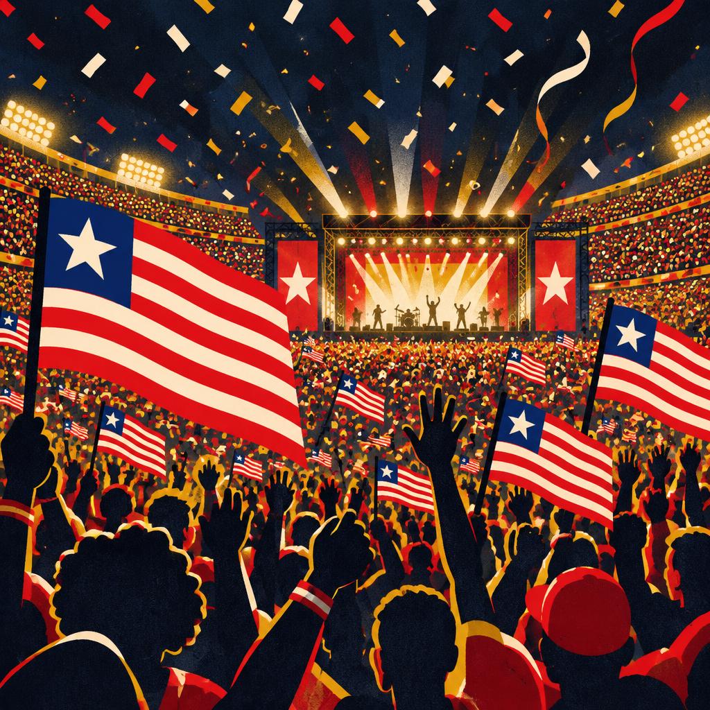 Illustrative scene: an illustration of a festival crowd at a stadium stage at night; not a photograph of the people or event reported