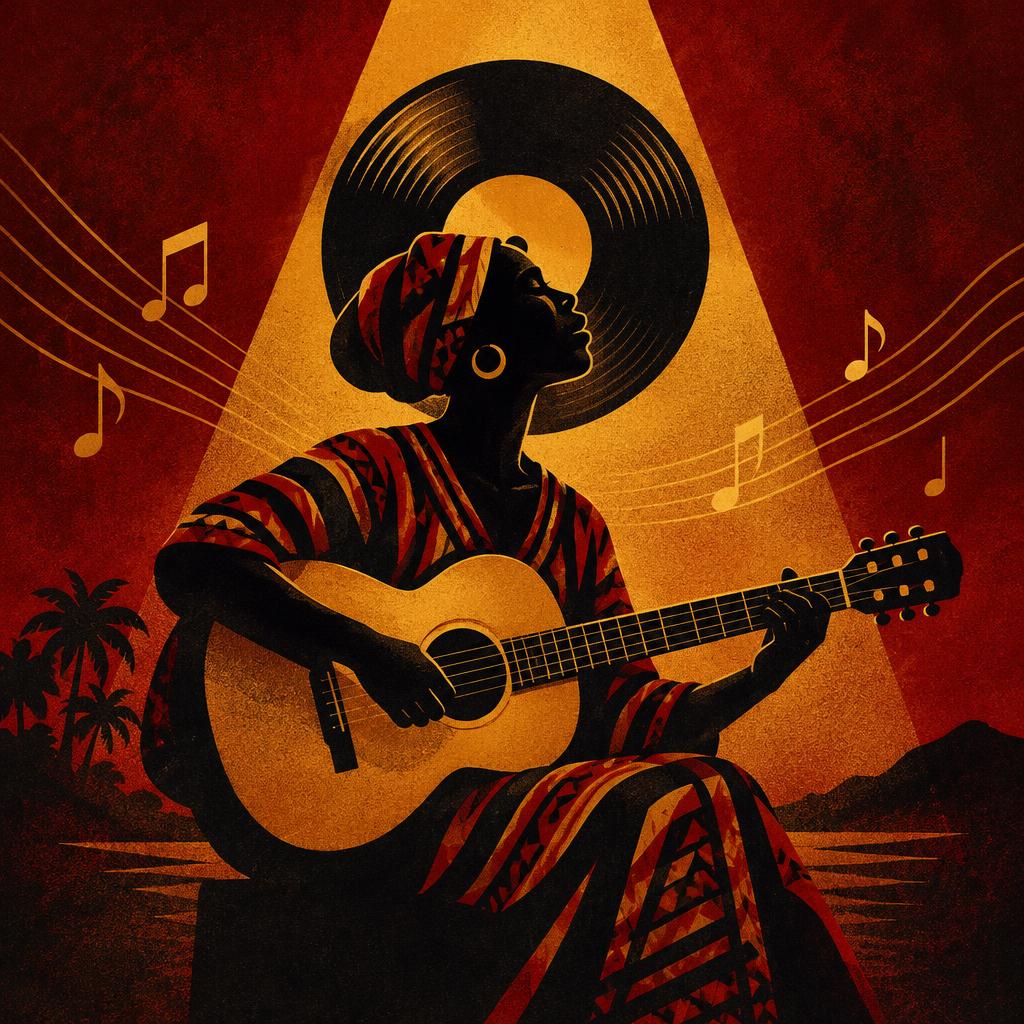 Illustrative scene: an illustration of a singer with a guitar under a spotlight; not a photograph of the people or event reported