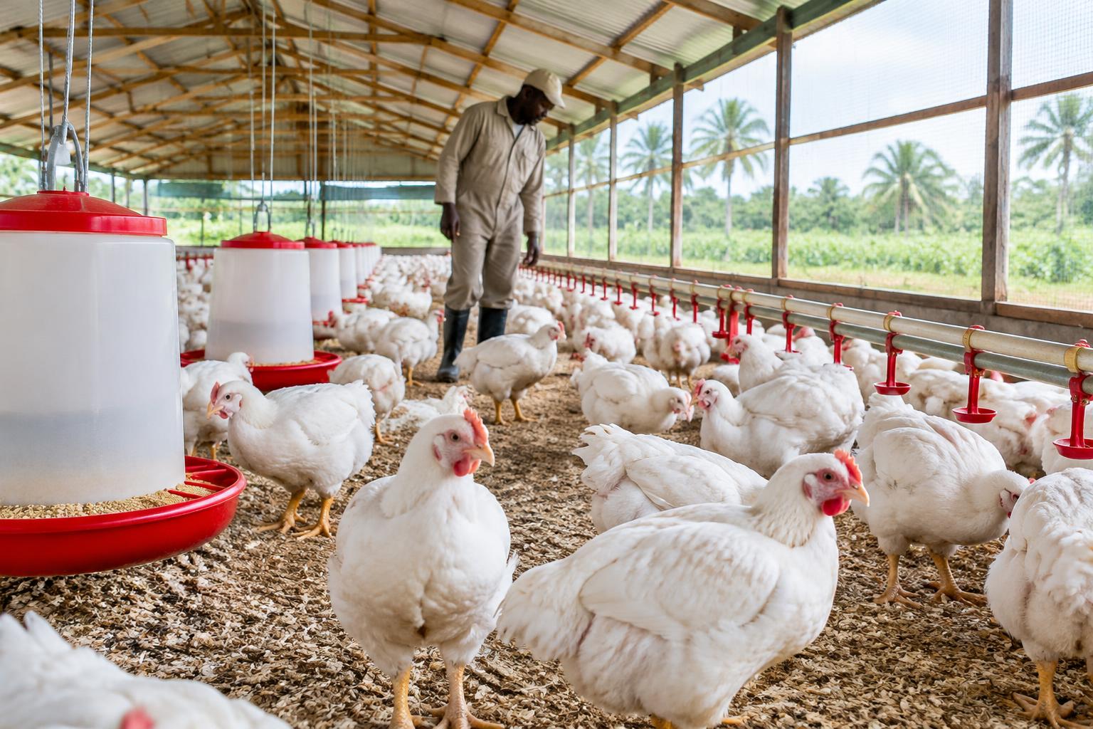 Illustrative poultry house with white chickens, feeders and an agricultural worker inspecting the flock; not a documentary photograph of the companies named