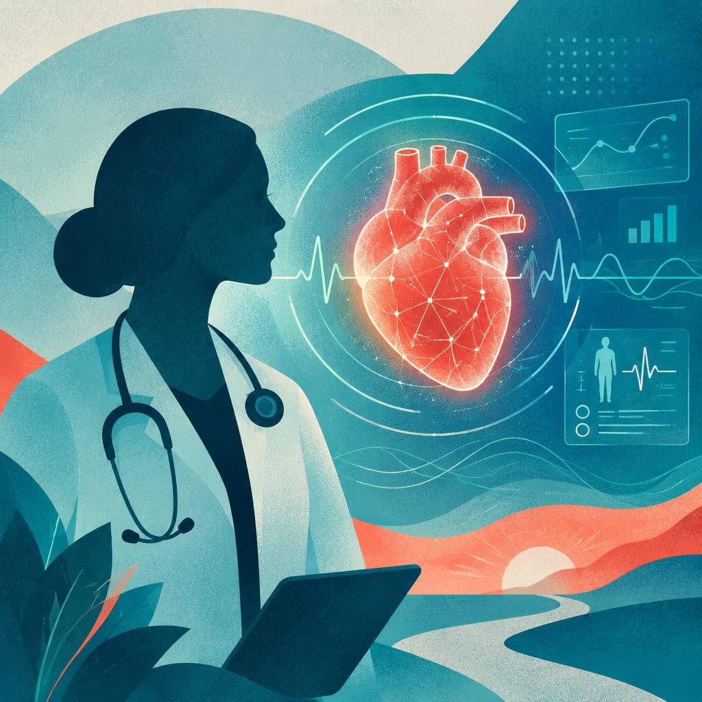 Illustrative scene: a doctor beside a glowing digital heart and health data waves; not a photograph of the people or event reported