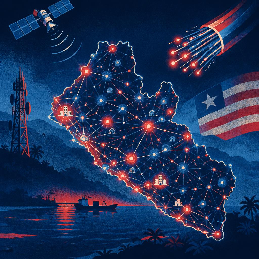 Illustrative scene: a map of Liberia formed from glowing network lines connecting towns and villages; not a photograph of the people or event reported