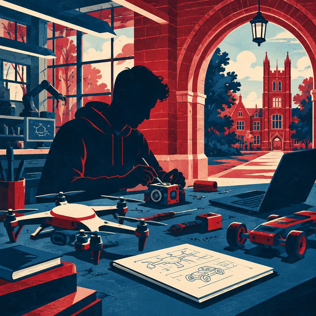 Illustrative scene: a student innovator building a drone prototype in a university lab; not a photograph of the people or event reported