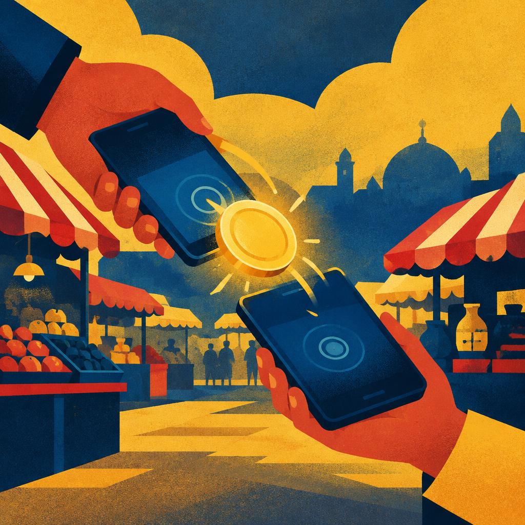 Illustrative scene: two phones exchanging a glowing digital coin over a market scene; not a photograph of the people or event reported