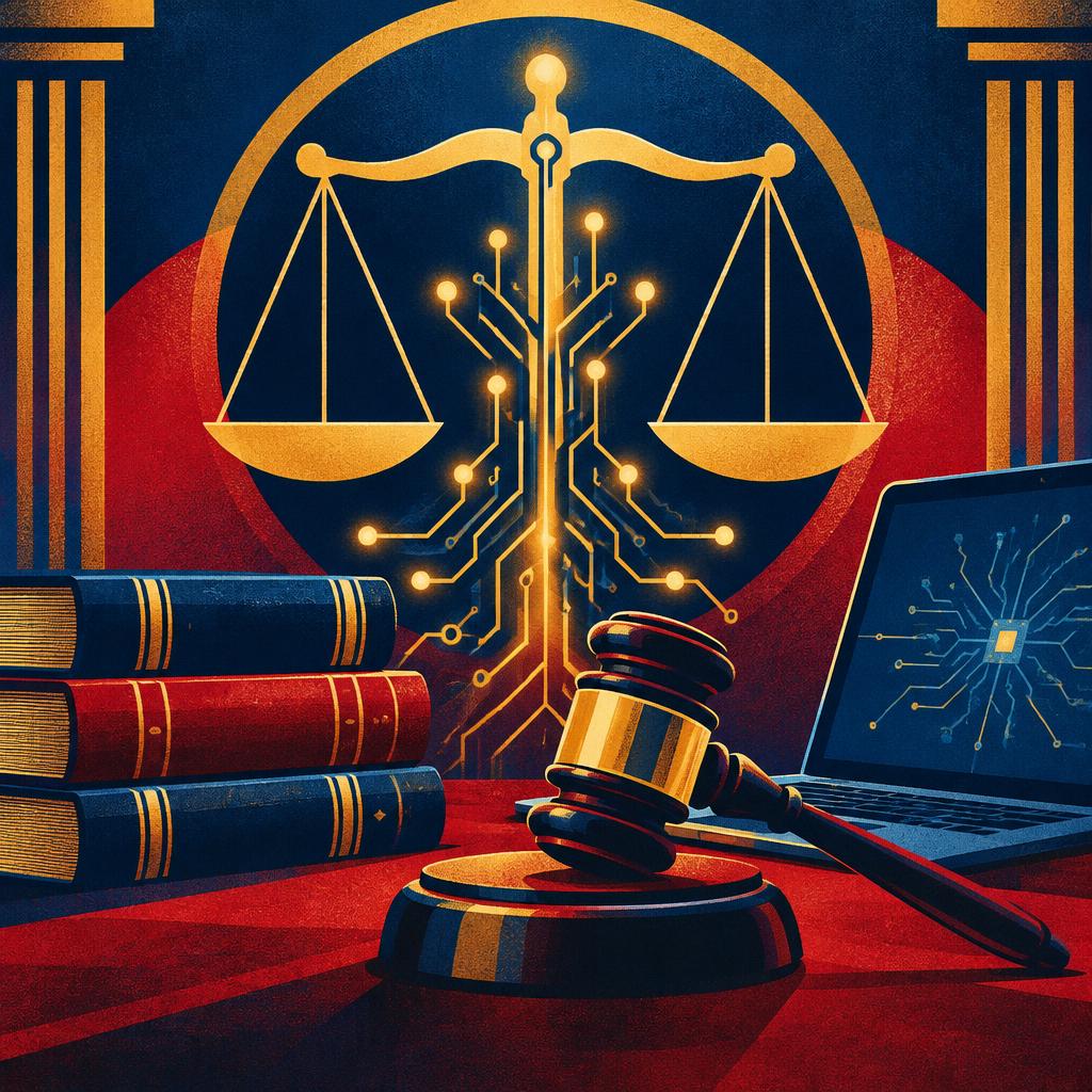Illustrative scene: the scales of justice merged with a glowing circuit board beside law books and a laptop; not a photograph of the people or event reported