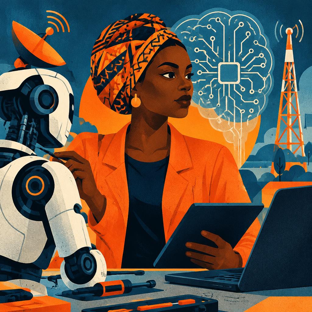 Illustrative scene: a woman engineer working with robotics and AI circuitry; not a photograph of the people or event reported