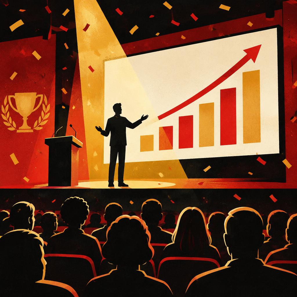 Illustrative scene: a founder pitching on stage before a rising growth chart; not a photograph of the people or event reported