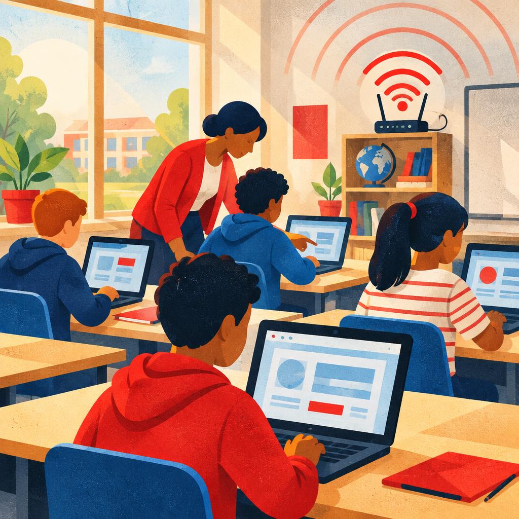 Illustrative scene: students at laptops in a classroom newly connected to the internet; not a photograph of the people or event reported