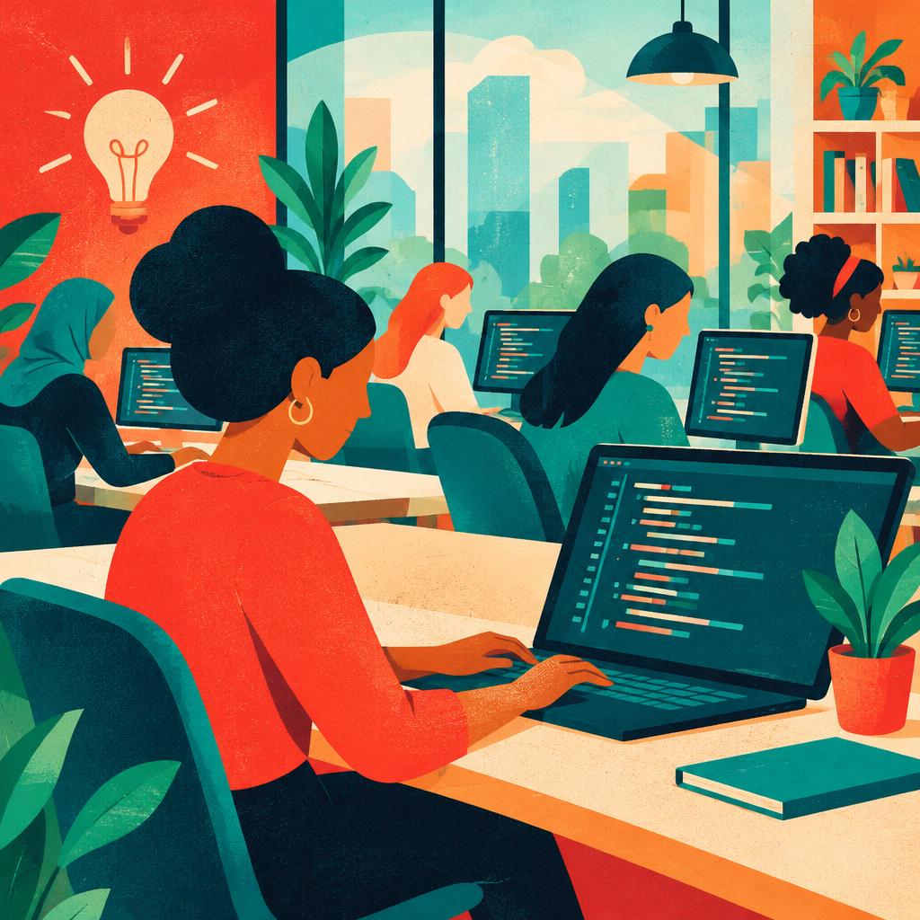 Illustrative scene: women coding at computers in a community tech hub; not a photograph of the people or event reported