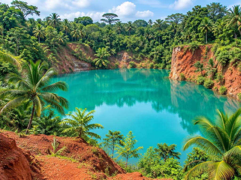Illustrative scene: turquoise water beneath red-earth banks surrounded by tropical trees; not a documentary photograph of the named destination.