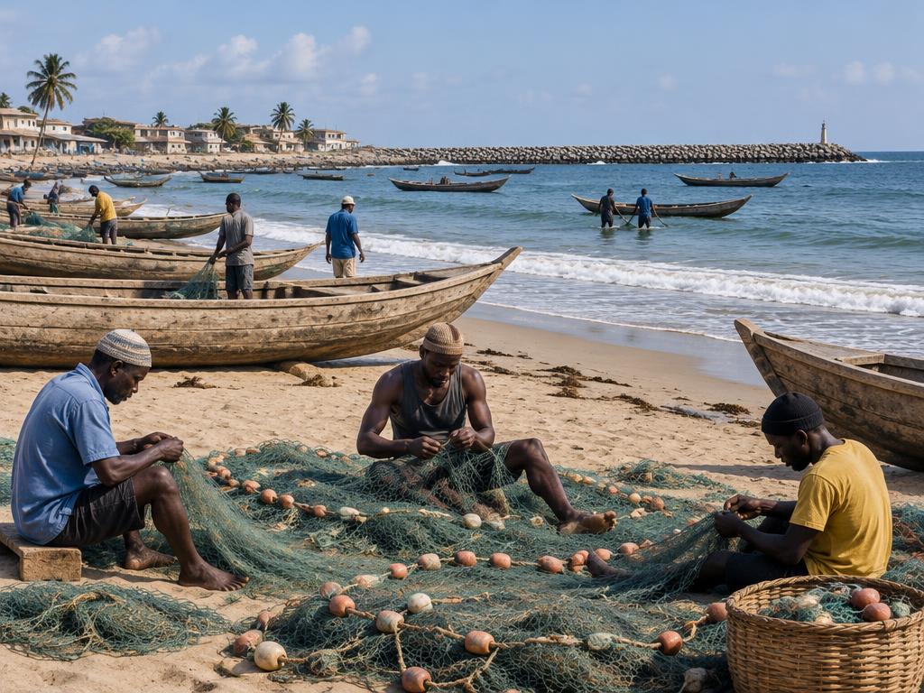 Illustrative scene: people mending fishing nets beside wooden boats on a sandy shore; not a documentary photograph of the named destination.