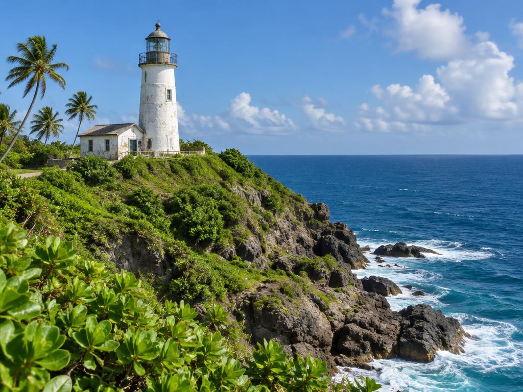Illustrative scene: a white lighthouse above a rocky palm-fringed coast and breaking waves; not a documentary photograph of the named destination.