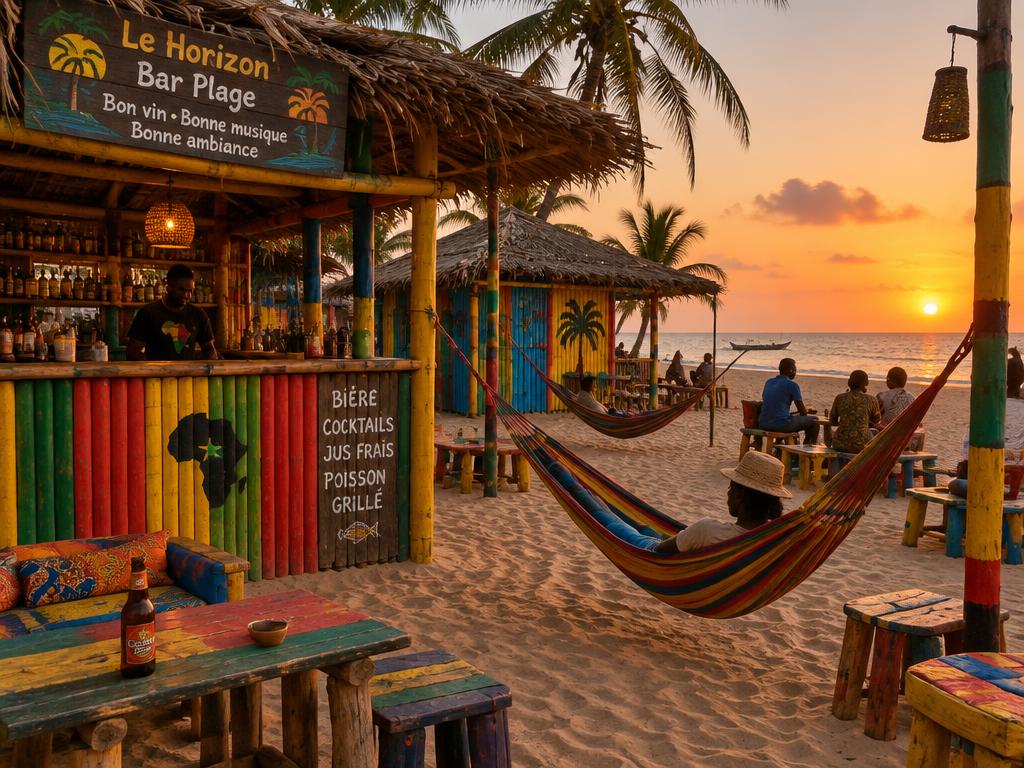 Illustrative scene: a hammock beside a colourful beachside bar overlooking the ocean at sunset; not a documentary photograph of the named destination.