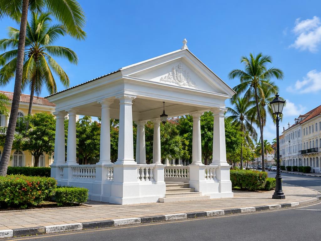 Illustrative scene: a white columned pavilion with steps and palms under a blue sky; not a documentary photograph of the named destination.