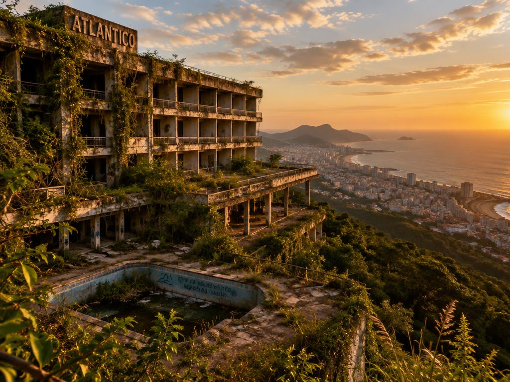 Illustrative scene: an overgrown multi-storey ruin overlooking a coastal city at sunset; not a documentary photograph of the named destination.