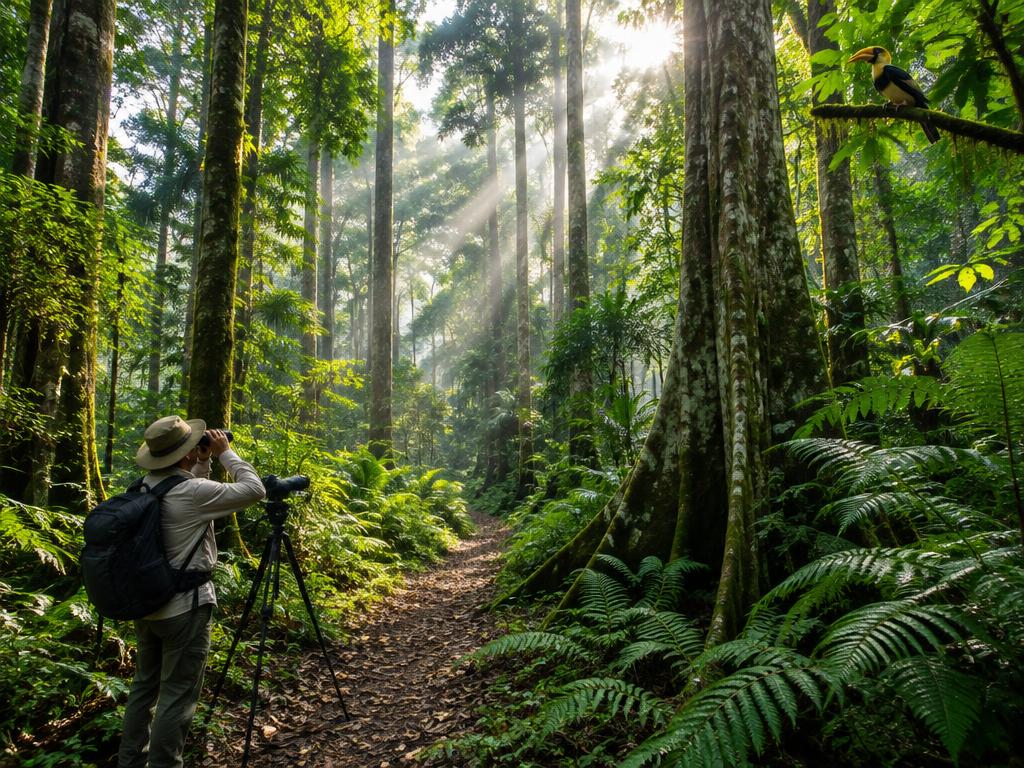Illustrative scene: a backpacked walker on a narrow trail beneath tall rainforest trees; not a documentary photograph of the named destination.