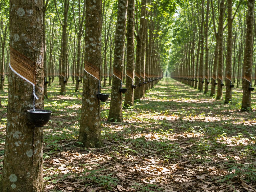Illustrative scene: rows of rubber trees with collection cups attached to the trunks; not a documentary photograph of the named destination.
