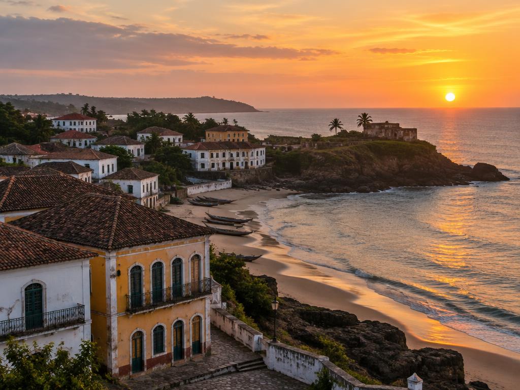 Illustrative scene: weathered coastal buildings above a rocky shoreline in warm evening light; not a documentary photograph of the named destination.