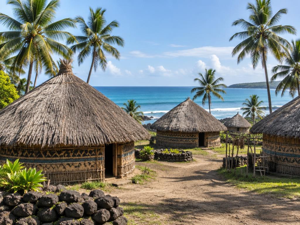 Illustrative scene: round thatched shelters beside palms and a sandy ocean shoreline; not a documentary photograph of the named destination.