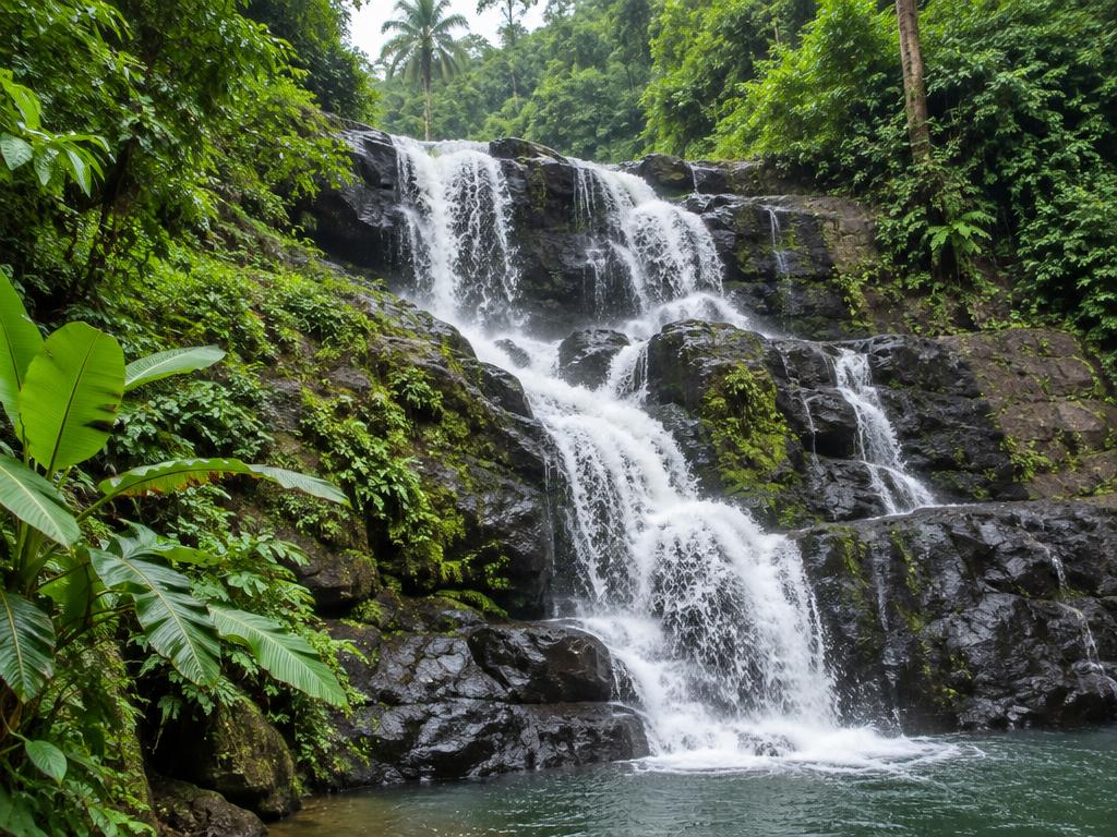 Illustrative scene: a stepped waterfall flowing over dark rocks amid dense green foliage; not a documentary photograph of the named destination.