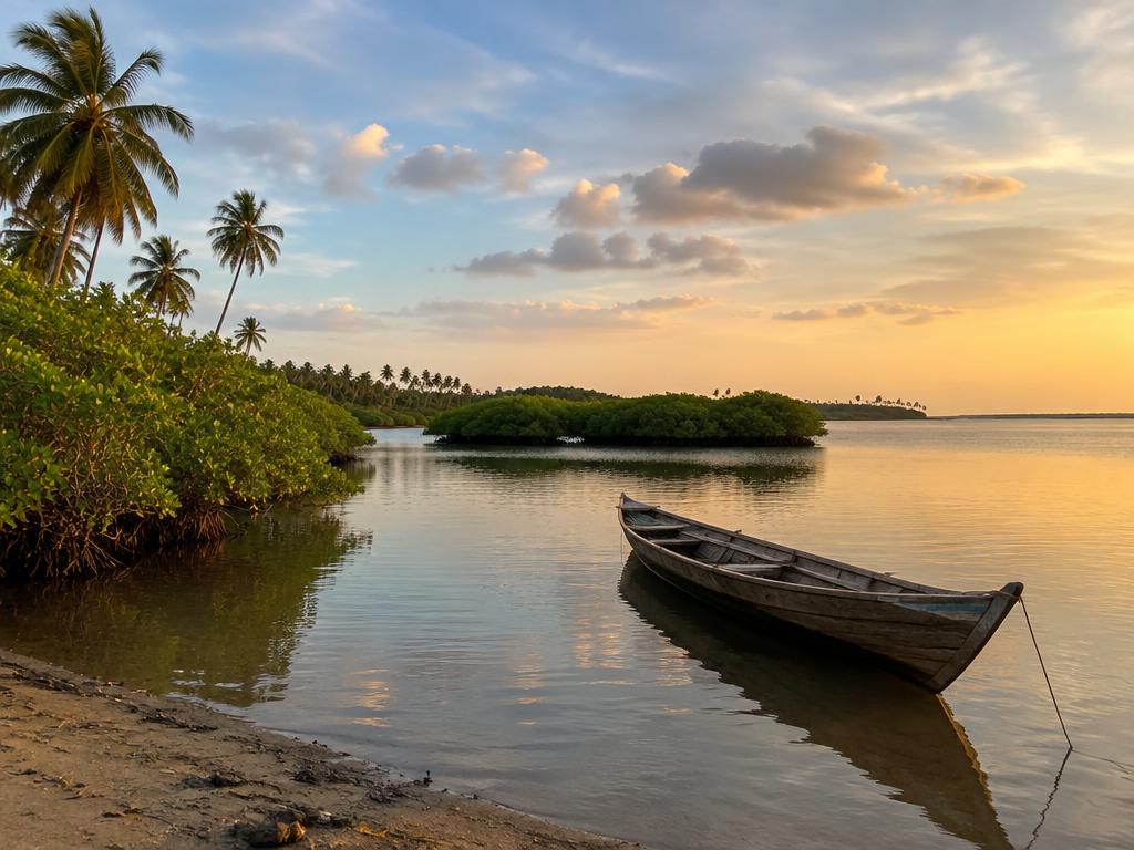 Illustrative scene: a wooden canoe beside calm water and a wooded shoreline at sunset; not a documentary photograph of the named destination.