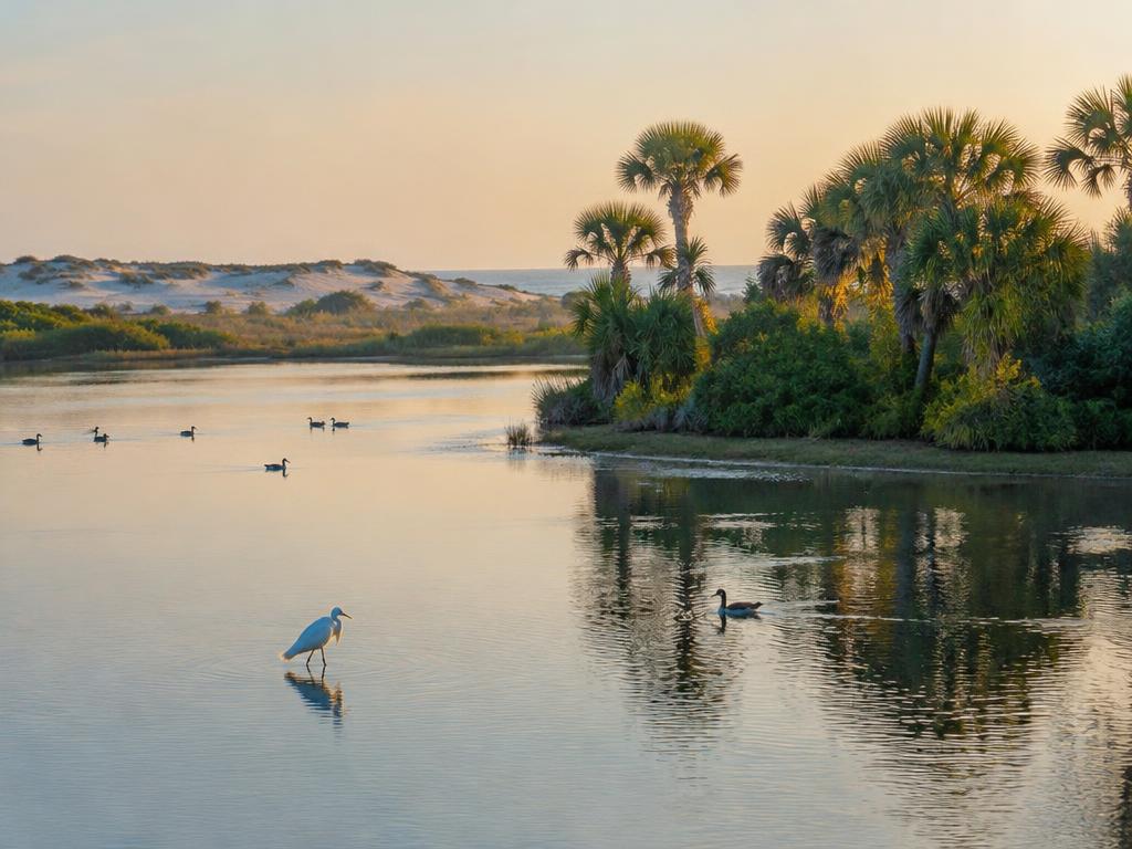 Illustrative scene: wading birds in calm water beside a tree-lined bank; not a documentary photograph of the named destination.
