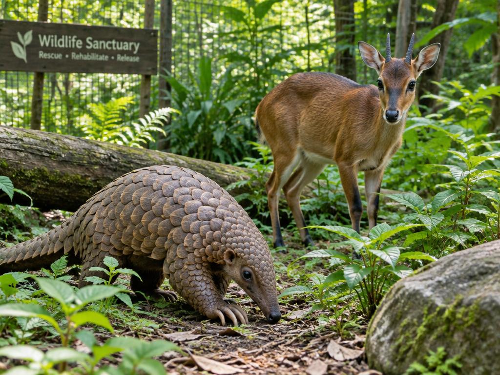 Illustrative scene: a pangolin and a small antelope among fallen wood and green foliage; not a documentary photograph of the named destination.