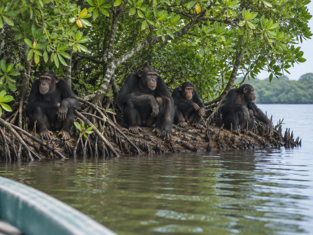 Illustrative scene: chimpanzees beneath trees on a wooded bank beside calm river water; not a documentary photograph of the named destination.