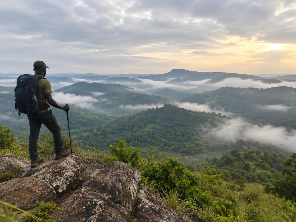 Illustrative scene: a backpacked walker on a rocky viewpoint above forested hills and mist; not a documentary photograph of the named destination.