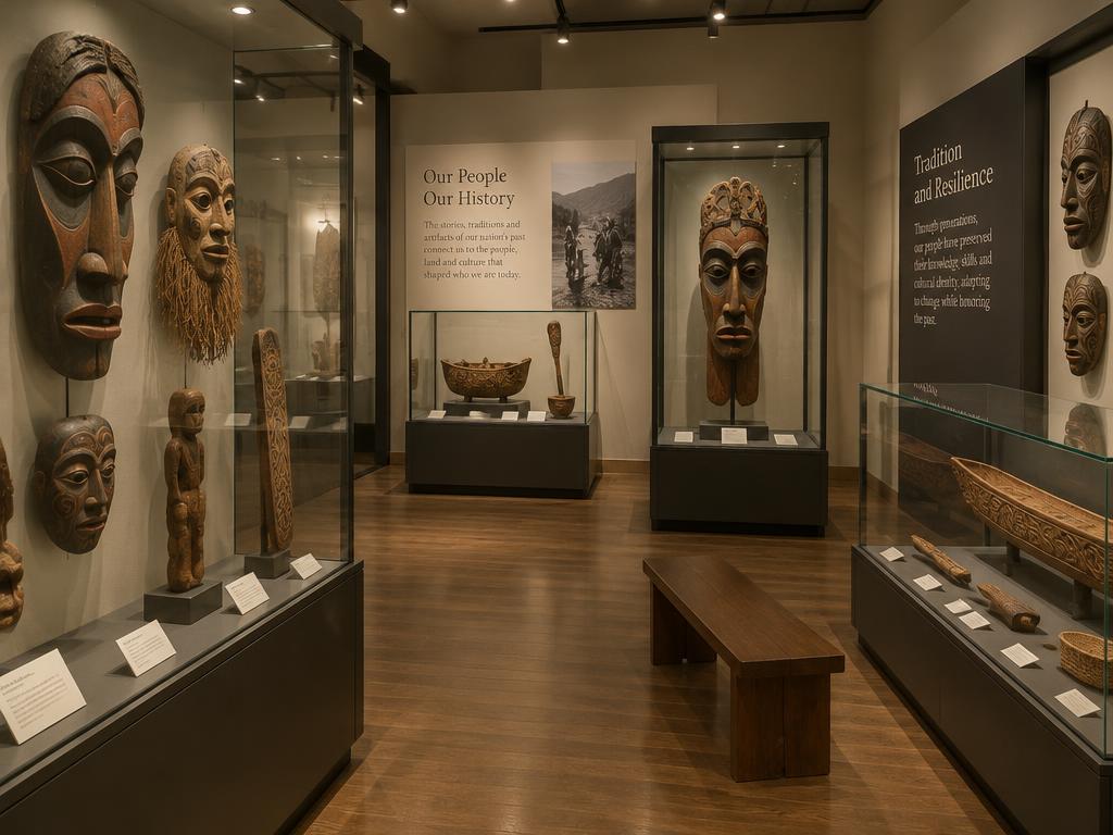 Illustrative scene: a museum-style gallery with carved wooden objects and glass exhibition cases; not a documentary photograph of the named destination.
