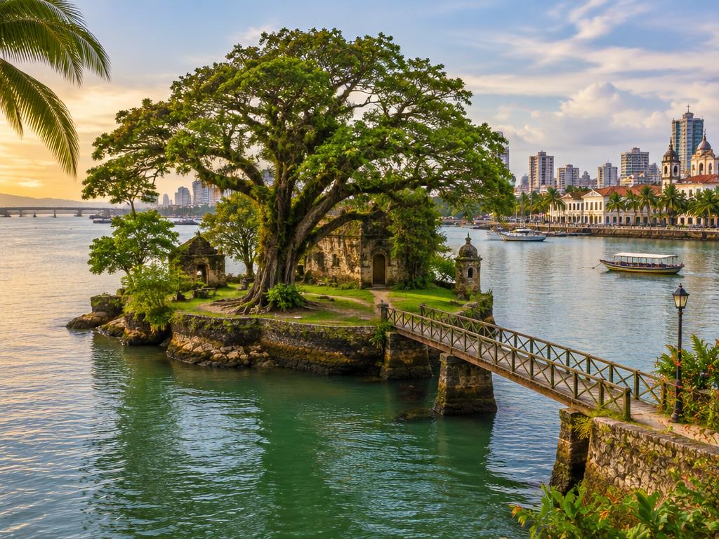 Illustrative scene: a tree-shaded riverside island with walkways and a city skyline beyond; not a documentary photograph of the named destination.