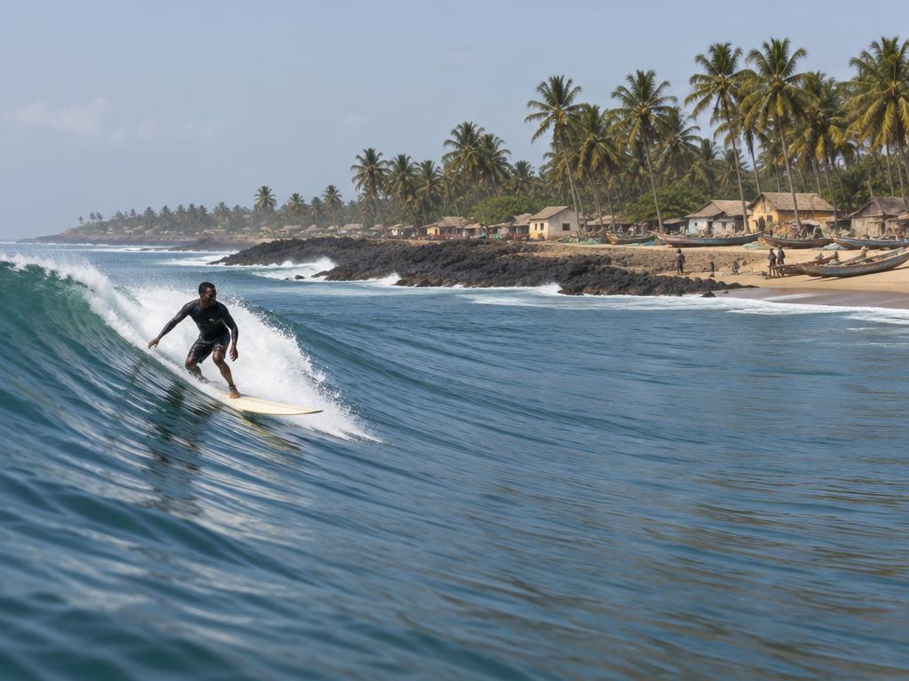 Illustrative scene: a surfer riding a wave beside a palm-lined sandy beach; not a documentary photograph of the named destination.
