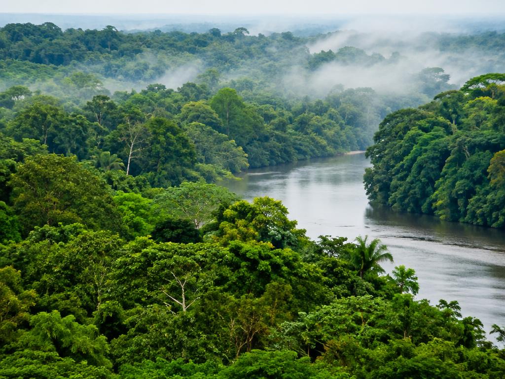 Illustrative scene: a winding waterway surrounded by dense tropical rainforest; not a documentary photograph of the named destination.
