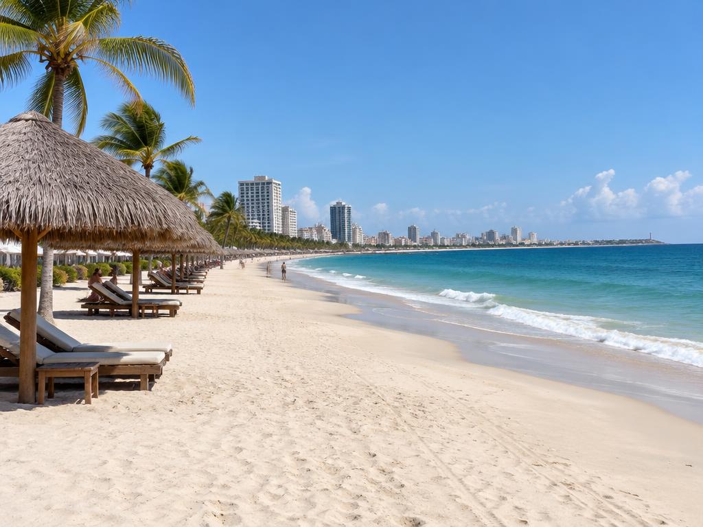 Illustrative scene: a sandy beach with palms, thatched shade and waves along the shore; not a documentary photograph of the named destination.