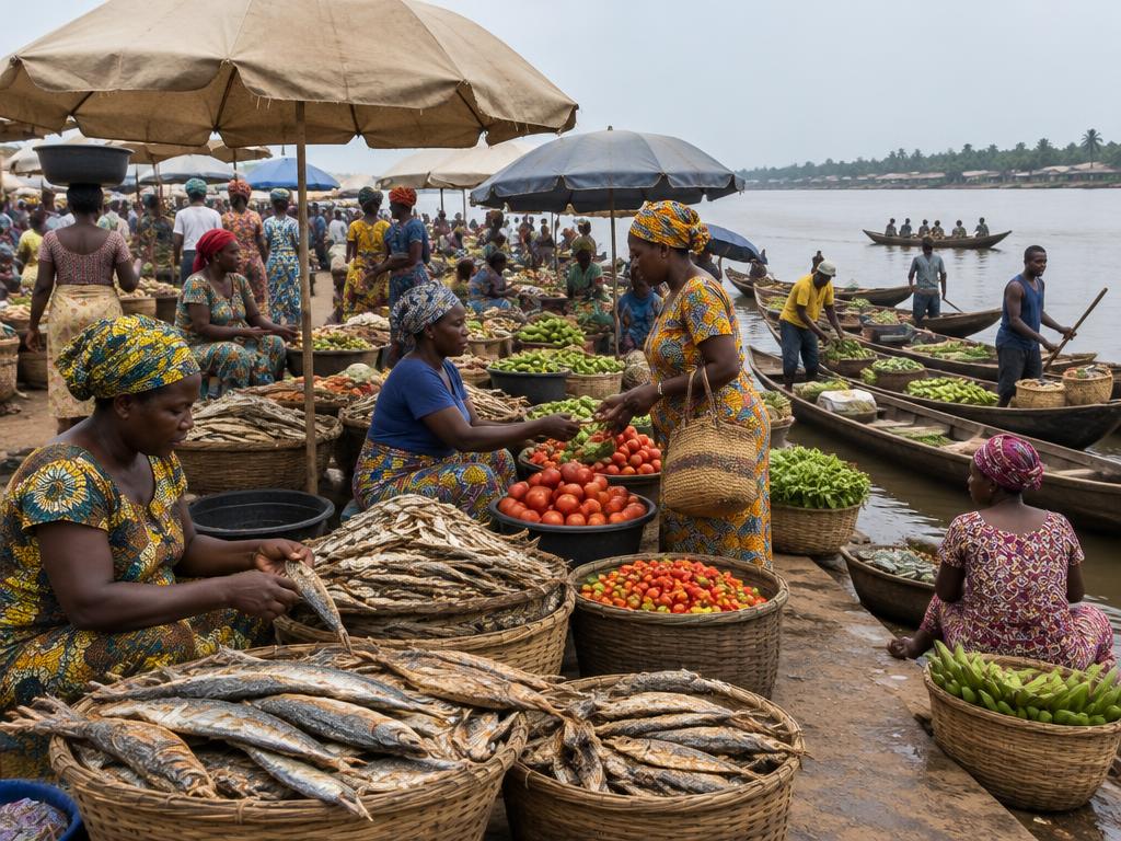 Illustrative scene: woven baskets and produce at a busy open-air market with traders and shoppers; not a documentary photograph of the named destination.