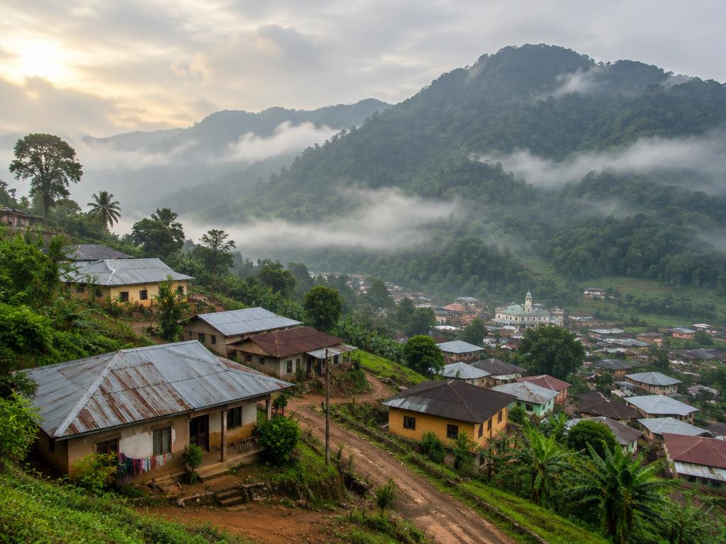 Illustrative scene: low buildings beneath green mountain slopes and misty ridges; not a documentary photograph of the named destination.